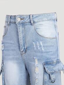 SHEIN Rozciągliwe, postrzępione spodenki jeansowe dla nastolatków z kieszenią na akordeon