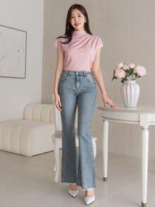 DAZY Women Casual Slim Fit Flared Jeans With Frayed Hem - Blue - View 2