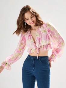 Enchnt Women Holiday Floral Printed Splice Tie Waist Cropped Top With Ruffled Hem - Pink - View 4