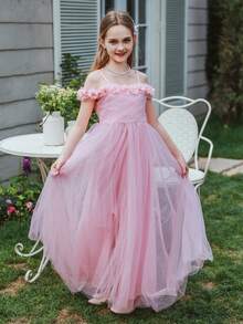SHEIN Tween Girl Wedding Season 3D Flower Tulle A-Line Dress With Gathered Waist Strap, Elegant For Birthday Parties, Banquets & Weddings - Pink - View 5