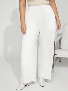SHEIN BASICS Plus Size Women Solid Color Pleated Loose Straight Wide Leg Casual Pants For Daily Wear - White - View 7