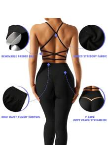 Easithlete Áo ba lỗ hở lưng & quần legging liền mạch Bộ đồ thể thao Slim Fit - màu đen - Xem 3