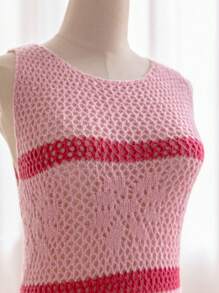 Soleia Color Block Striped Hollow Out Knitted Sleeveless Sweater Dress For Vacation