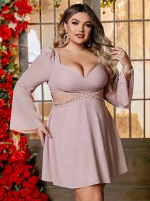 Double Crazy Vestido brillante escote corazón de manga con volante con abertura con encaje cintura - Rosa vieja - Ver 1