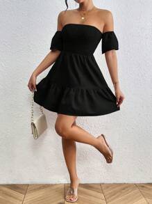 Chiquease Women Summer Solid Color Off Shoulder Ruffle Dress