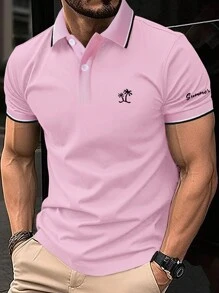 Manfinity Homme 男士簡約純色短袖Polo衫，拼色出行休閒Polo衫，適用於丈夫 - 粉色 - 查看 1