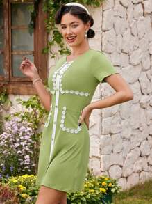 Vintamour Váy nữ nông thôn cổ điển, Váy bó & xòe ren khối màu cho mùa xuân/hè Váy Cottagecore Váy mùa hè Váy thường ngày Váy mùa hè thường ngày Váy suông ngắn Cottagecore - màu xanh lá - Xem 5