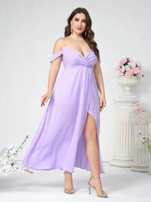 SHEIN Belle 女式大尺碼純色側開叉設計優雅伴娘禮服 - 紫羅蘭色 - 查看 4