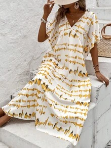 SHEIN LUNE Damen V-ausschnitt Bedrucktes Fledermausärmel Lockeres Urlaubskleid - Gelb - Übersicht 4
