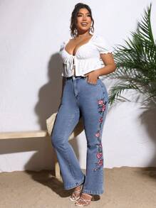 SHEIN VCAY 玫瑰花刺繡大尺寸牛仔褲，帶口袋和鈕扣 - 藍色 - 查看 6