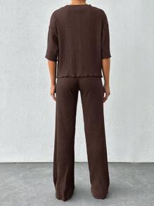 EURMUSE Spring/Summer Casual Solid Color Loose Fit Drop Shoulder T-Shirt And Straight Pants - Chocolate Brown - View 2