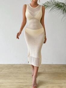 Breezaya Women Sleeveless Slim Fit Hollow Out Knitted Dress For Vacation