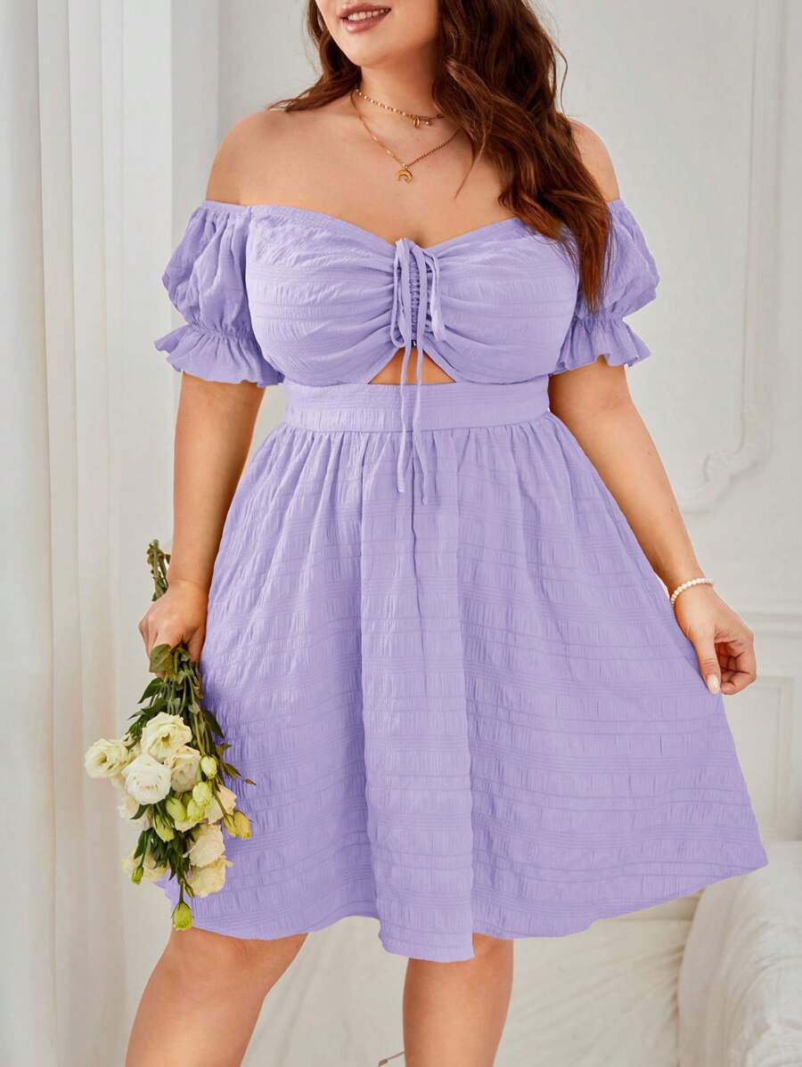 Dreamara 大尺碼女性夏季純色露肩短袖空心優雅連衣裙，前打結設計 - 紫色 - 查看 1