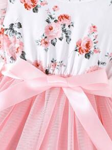 SHEIN Glamorique Kids 女小童印花荷葉邊網紗覆蓋繫腰帶洋裝 - 粉色 - 查看 6