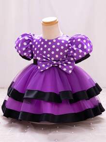 Baby Girl Polka Dot Tulle Dress With Bubble Sleeves And Bow Decoration - Purple - View 3