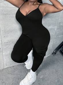 Slaydiva 大尺碼女士夏季純色修身V領背心連體褲 - 黑色 - 查看 2