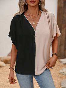 EMERY ROSE Áo sơ mi nữ cổ chữ V tay ngắn khóa kéo màu thời trang, áo tay ngắn - Màu Khaki - Xem 3