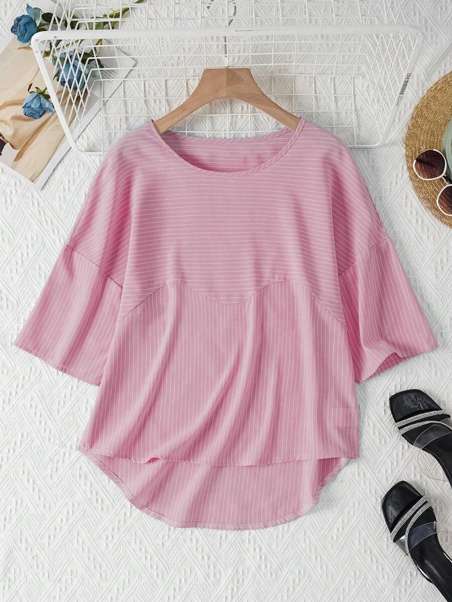 Chiquease Áo sơ mi nữ cổ tròn in sọc Xuân/Hè dáng rộng - Hồng - Xem 1