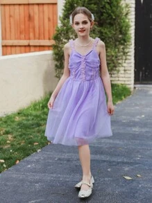 SHEIN Vestido de fiesta con tirantes de encaje y tul esponjoso para el Día de los Niños Mexicanos, adecuado para actuaciones, bodas, festivales y fiestas de cumpleaños, para niñas preadolescentes