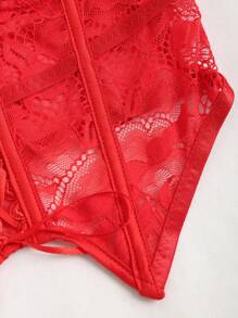 SHEIN Unity Women Solid Color Minimalist Lace Detail Top With Bow Decoration - Red - View 4