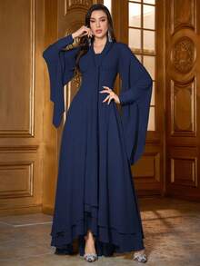 Vestido de cintura ceñida con mangas acampanadas de unicolor para mujer - Azul - Ver 6