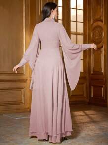 Women Solid Color Flare Sleeve Dress - Dusty Pink - View 2