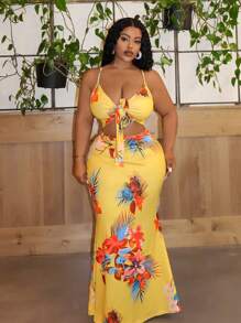 Slaydiva Cộng với kích thước kỳ nghỉ & thanh lịch gợi cảm Slim Fit rỗng thắt lưng buộc dây phía trước Đầm dây spaghetti có viền nàng tiên cá và in hoa - Vàng - Màu vàng - Xem 5