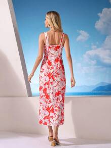 Aveloria Rosie Fishbone Seams White Edging Decorated Multi-Colored Floral Printed Waist Cinched And Hip Slit Midi Dress For Women