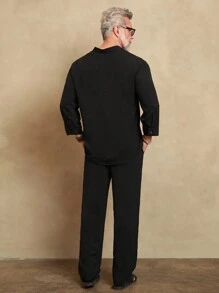 Manfinity Homme 男士夏季纯色长袖休闲日常通勤衬衫和裤子套装，复古，亚麻，我爱我的丈夫，朋友，狂欢装，朴素，工作，秋季服装 - 黑色 - 查看 2