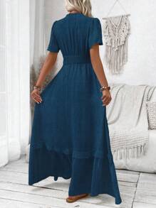 Breezaya V-Neck Ruffle Sleeve Solid Color Vacation Style Spring/Summer Dress Maxi Women Outfit - Dark Wash - View 2