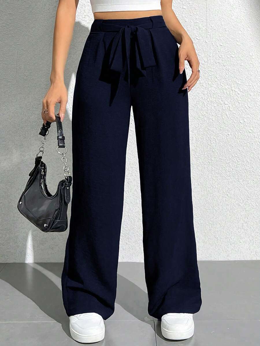 SHEIN PETITE Pantalones anchos largos para mujeres, en unicolor, cintura alta con cinturón para un estilo suelto - Azul Marino - Ver 1