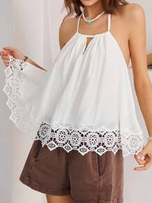 Bohemela Débardeur pour femme avec dentelle et ourlet asymétrique, parfait pour les vacances - Blanc - Voir 1