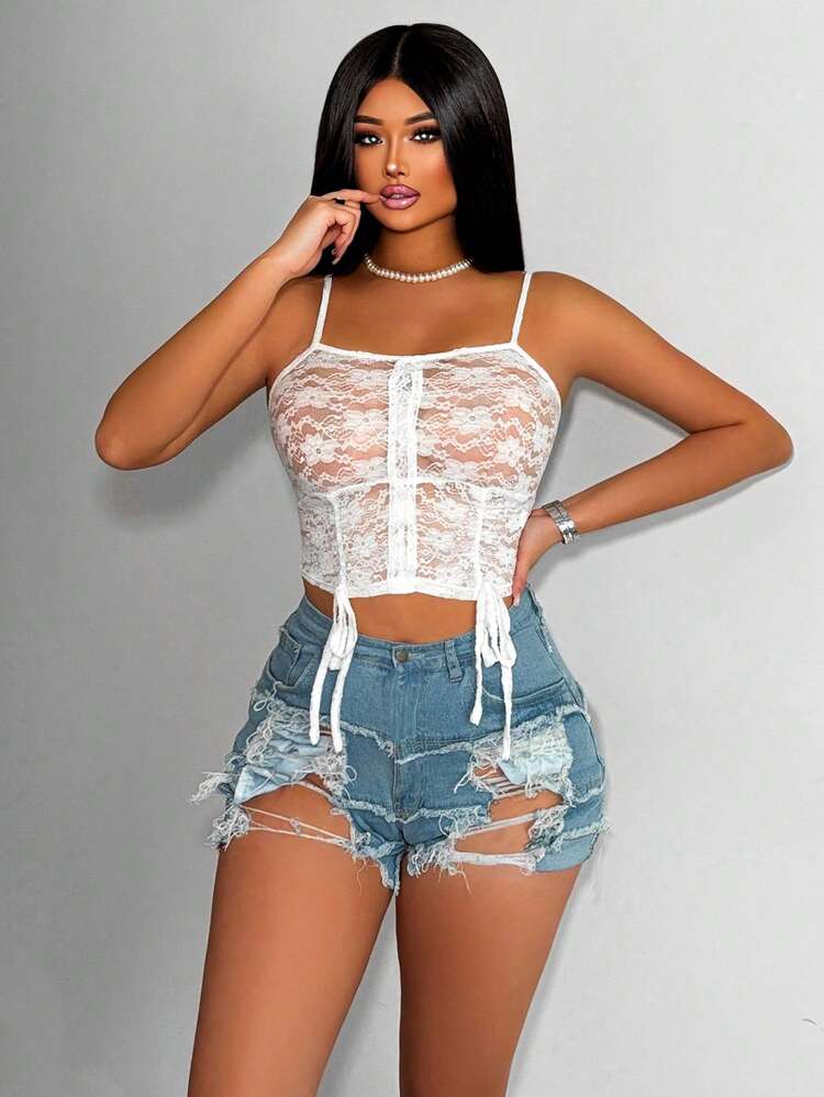 Women Summer Lace-Up Hem Sexy See-Through Lace Camisole