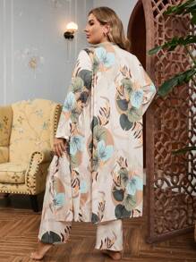 Plus 3pcs Tropical Print Ruffle Hem PJ Set / Pajama Set