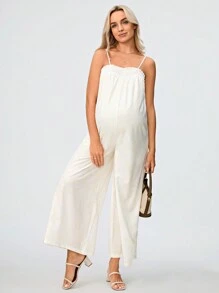 SHEIN Maternity Romantic Garden Young And Elegant Printed Ruffle Strap Wide-Leg Jumpsuit - Green - View 7