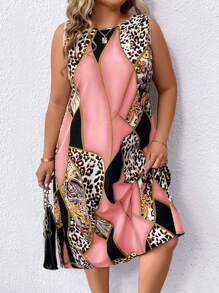 SHEIN LUNE Plus Size Holiday Casual Patchwork Contrast Color Leopard & Paisley Printed Sleeveless Dress - Pink - View 3