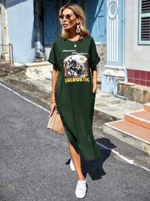 SHEIN LUNE 女性時尚風景印花短袖T恤裙 - 墨綠色 - 查看 6