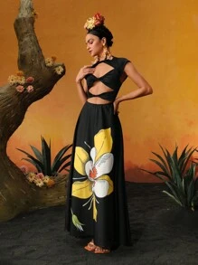 ISELACOS Frida Kahlo X SHEIN X Designer 扭纹镂空盖袖花卉印花设计师优雅连衣裙、节日、派对、感恩节、生日服装、春夏、节日 - 彩色 - 查看 6