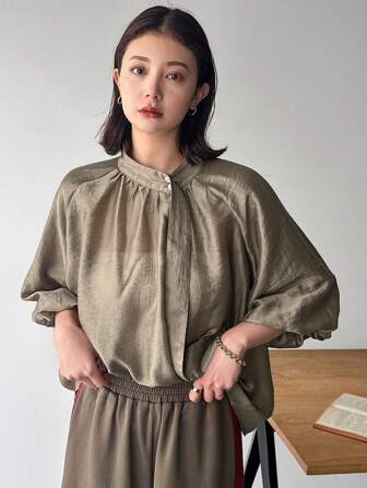 FRIFUL Women Solid Color Raglan Sleeve Stand Collar Loose Blouse For Spring/Summer Linen