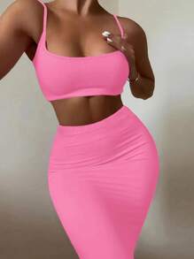 SHEIN Women Sexy Slim Solid Color Camisole Top With Skirt Set For Summer