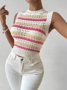 Chiquease Women Color Block Striped Hollow Out Sleeveless Knit Top