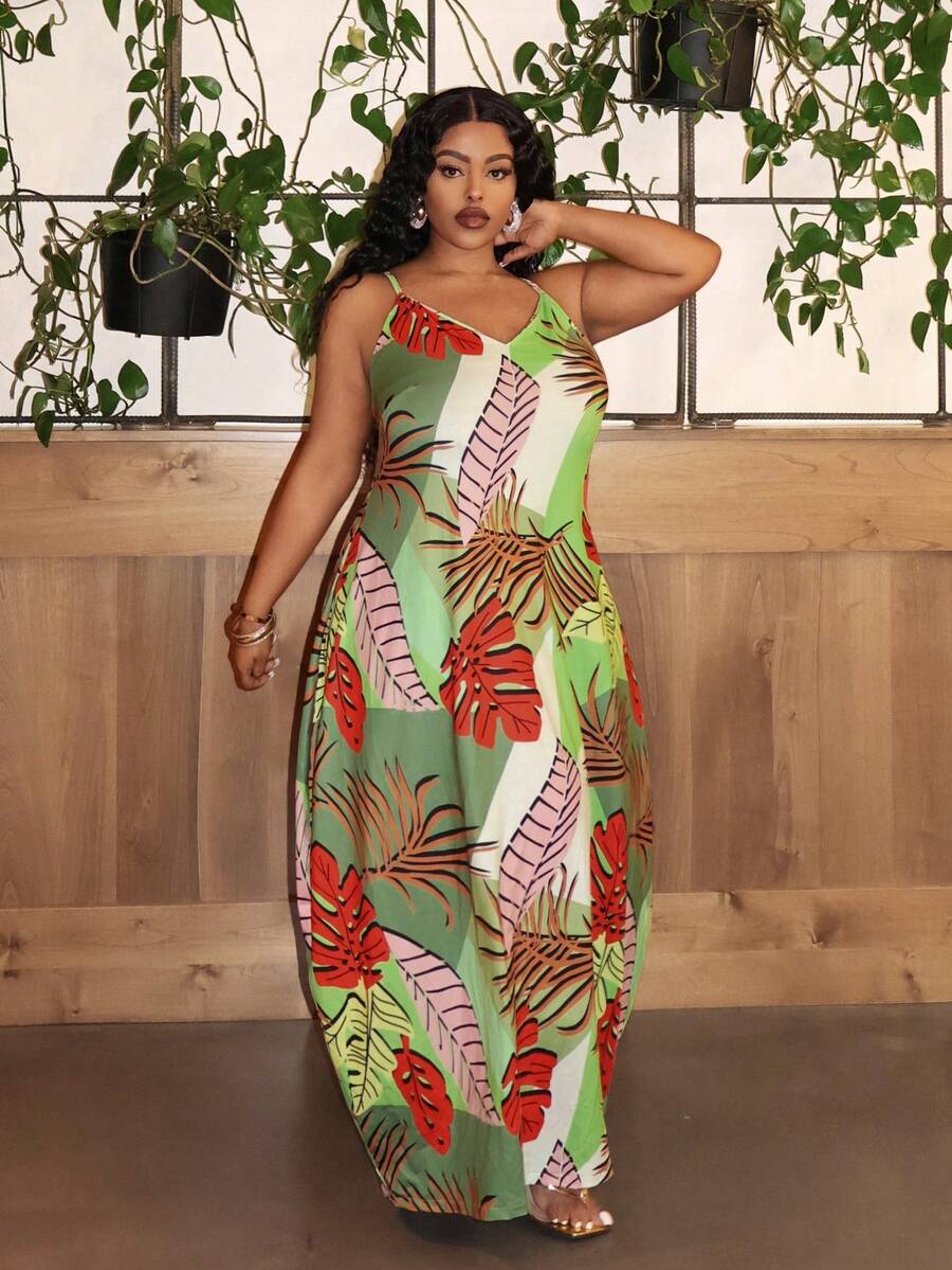Slaydiva Phụ Nữ Cỡ Lớn Không Tay Cổ Chữ V Váy Dây Nhiệt Đới In Hình Thực Vật Nhiệt Đới Cho Mùa Hè - Nhiều màu - Xem 1