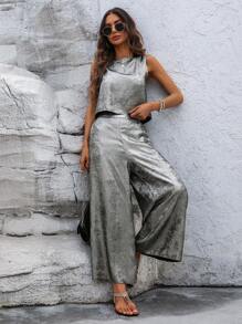 SHEIN LUNE 休闲夏季银色金属涂层无袖上衣和长裤两件套，阔腿女裤，休闲款 - 銀色 - 查看 6