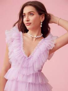 Enchnt Vestido sin espalda dulce de verano para mujer con tiras cruzadas y mallas de capas múltiples unicolor - Púrpura malva - Ver 6