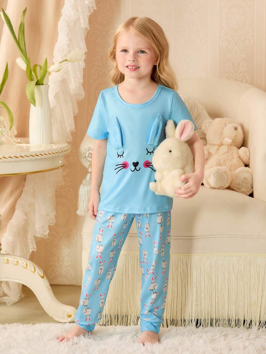 Girls 3D Rabbit Ear Short Sleeve Allover Print Shirt & Pants Casual Loungewear Set, Spring & Summer - Blue - View 1