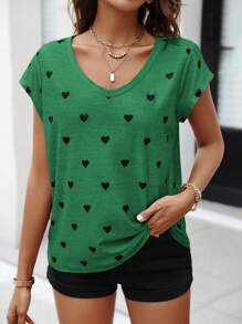 SHEIN LUNE Women Summer Heart Printed V-Neck Short Sleeve Casual T-Shirt - Dark Green - View 3
