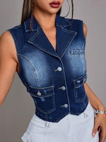 SHEIN ICON Western Cowgirl Sleeveless Denim Vest With Suit Collar, For Summer Vocation