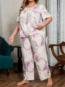 Plus Size Floral Printed Short Sleeve Top And Long Pants Homewear Set - Multicolor - View 4