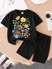SHEIN 年輕女孩休閒花卉短袖上衣和短褲套裝，適用於夏季 - 黑色 - 查看 1