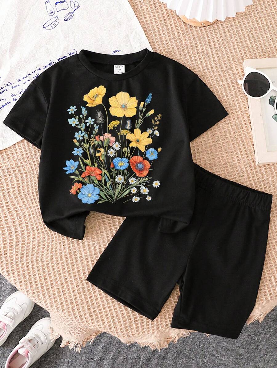 SHEIN 年輕女孩休閒花卉短袖上衣和短褲套裝，適用於夏季 - 黑色 - 查看 1